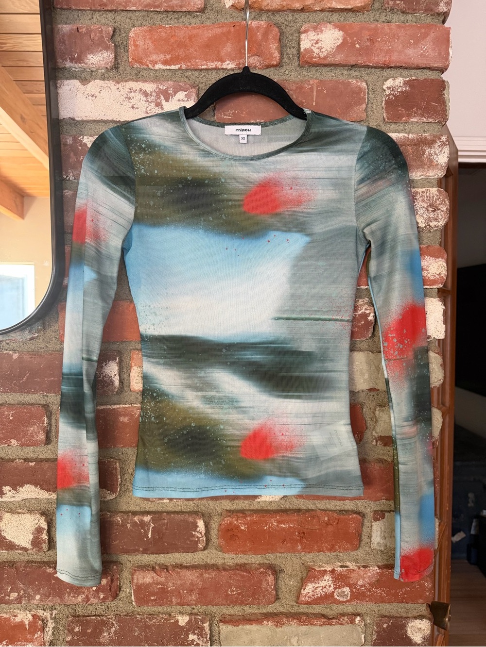 Miaou Long Sleeve Abstract Print Top in Blue and Red